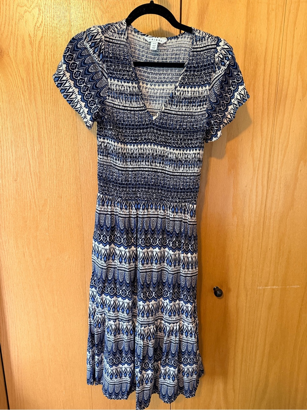 Tribal Navy and White Patterned V-Neck Midi Dress